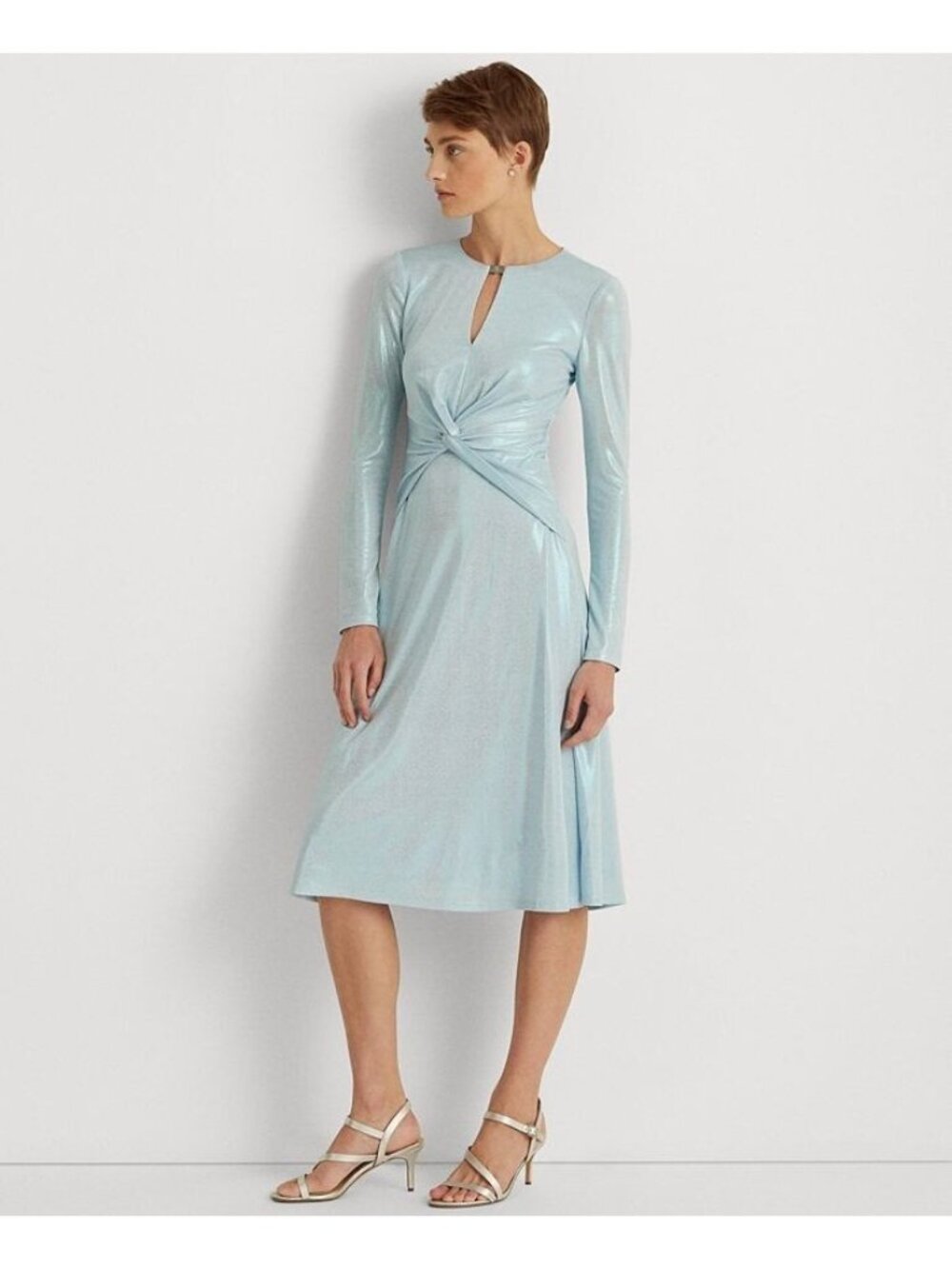 LAUREN RALPH LAUREN Long-Sleeve Foiled Jersey Dress Light Blue Size 14 MSRP $245